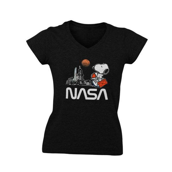Women's Snoopy Launch Mars V-Neck T-Shirt X-SMALL / BLACK - From Nasa Depot - The #1 Nasa Store In The Galaxy For NASA Hoodies | Nasa Shirts | Nasa Merch | And Science Gifts