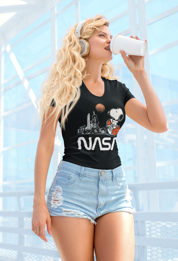 Women's Snoopy Launch Mars V-Neck T-Shirt - From Nasa Depot - The #1 Nasa Store In The Galaxy For NASA Hoodies | Nasa Shirts | Nasa Merch | And Science Gifts